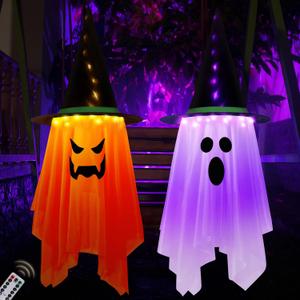 2PCS Halloween Decorations, 41" x 14" Large Size Hanging Lighted Glowing Ghost Witch Hat Lights Ornaments with Remote Control
