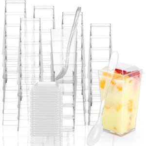 EASERCY 50 Pack 3 oz Square Mini Dessert Cups with Lids and Spoons Clear Dessert Shooter Cups with Spoons Parfait Cups with Lids Appetizer Cups for Party Small Plastic Dessert Cups for Pudding
