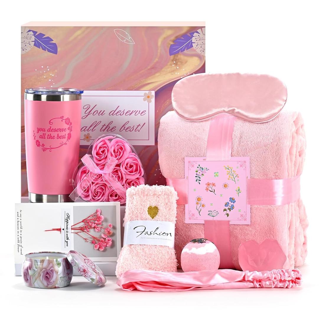 Gifts For Women,Birthday Presents,Birthday Gift Sets,Get Well Gift Baskets,Self-Care Gift Sets Featuring Blankets,Mug, Scented Candle,Soothing Spa Care SetsHeartwarming Gift Exclusively For Women (Pink)
