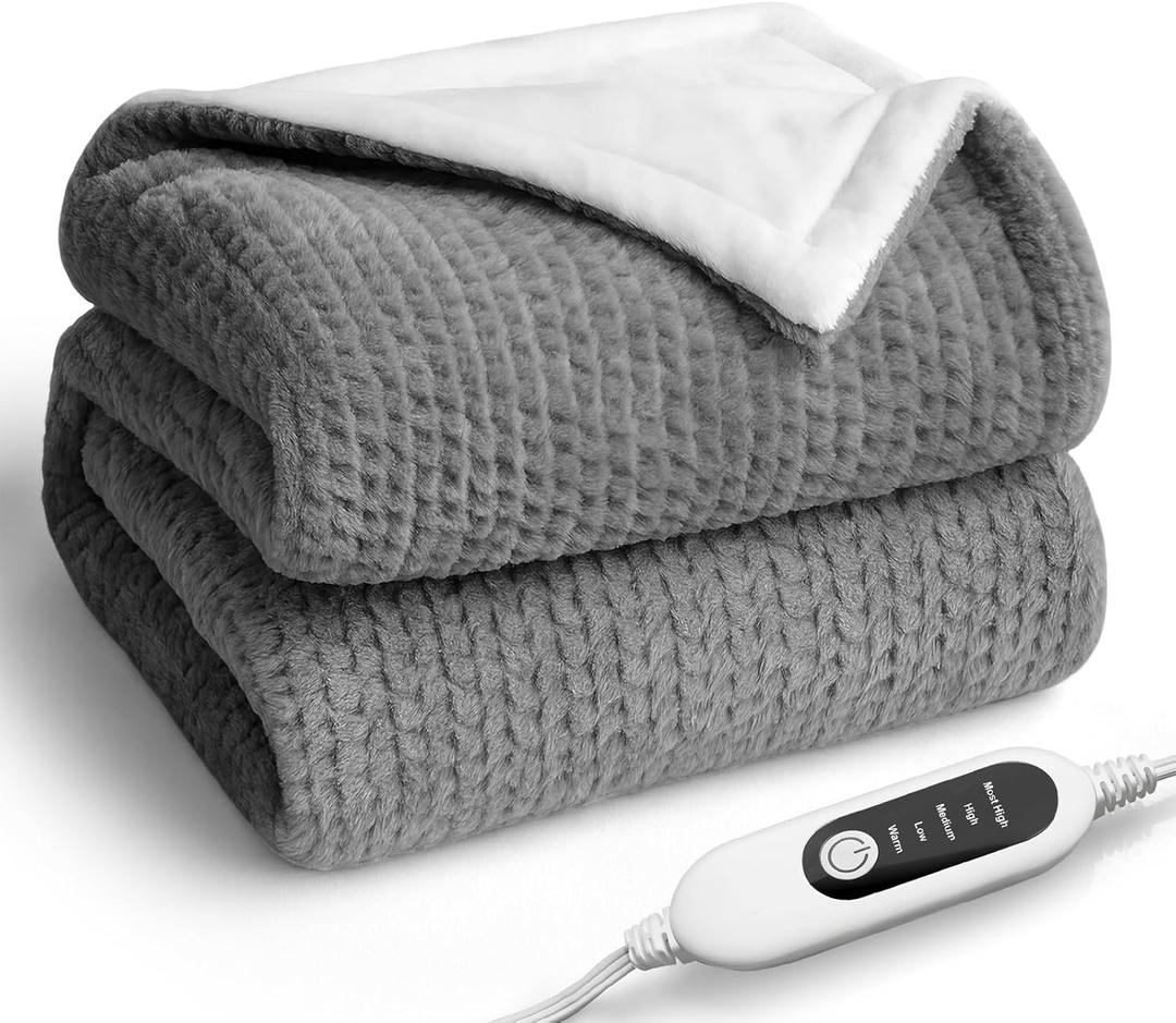 Heated Blanket Electric Blanket,Cozy Faux Rabbit Fur & Soft Flannel Warm Heater Throw Blanket with 5 Fast Heating Levels &10Hours Auto-Off Over-Heat Protection50" x 60" (Grey)