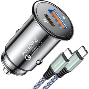 AINOPE 67.5W Car Charger USB C Fast Charging, [Invisible Design] All Metal Dual Port QC3.0 Cigarette Lighter Adapter USB Charger, for iPhone 16 Pro Max 15 14 13 12,Samsung Galaxy S25 Android, Black
