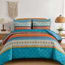 Comforter Set King Size Boho,7 Pieces Bohemian Bedding Comforter Set Striped Bed in a Bag,Teal Paisley Floral Comfortet and Sheet Set,Soft Microfiber Bedding Sets for All Season
