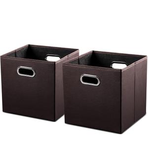 PRANDOM Leather Foldable Cube Storage Bins 13x13 inch [2-Pack] Fabric Storage Baskets Cubes Drawer with Cotton Handles Organizer for Shelves Nursery Closet Bedroom Clothes Brown