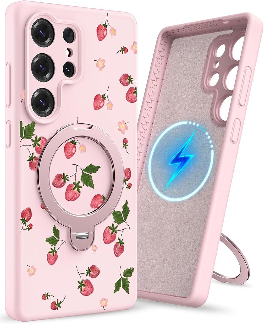 Uppuppy for Samsung Galaxy S25 Ultra Case - Liquid Silicone Compatibe with Magsafe Phone Case with Magnetic Stand and Camera Cover Cute Women Girly Kickstand Soft Cover for S25 Ultra, Strawberry