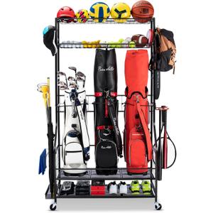 Golf Bag Storage Garage Organizer, 3 Golf Bag Stand and Sports Equipment Storage Rack for Garage with Wheels, 4 Hooks, Golf Accessories Storage Rack with Extra Golf Clubs Display Rack