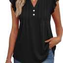 OFEEFAN Summer Tops for Women Button Down Blouses for Women Dressy Casual V Neck T Shirts Ruffle Sleeve (Black, M)