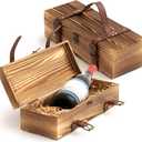 Briwooody 2 Pack Vintage Wooden Wine Gift Box - Rustic Wine Bottle Gift Case Single Bottle Holder with Leather Buckle Straps and Locking Latch for Birthday, Wedding, Anniversary, Housewarming