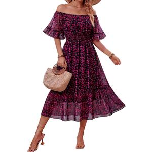 Women's Summer Boho Off Shoulder Midi Dress Ruffle Sleeve Smocked Elastic Waist Flowy Dresses (M)