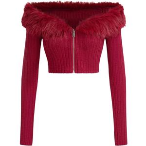 WDIRARA Women's Faux Fur Off Shoulder Crop Coat Zip Up Fuzzy Jackets Long Sleeve Knitted Outerwear (Red, M)