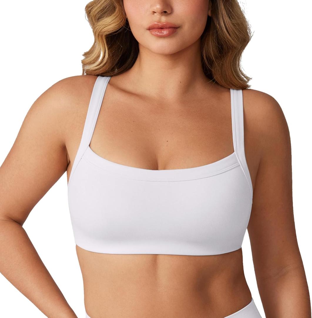 Hugcurve Adjustable Sports Bra Square Neck Wireless Padded Yoga Workout Tops (X-Large, White)