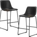 Sweetcrispy Counter Height Bar Stools Set of 2, 26 inch Height Stool Faux Leather Barstools with Back, Armless Kitchen Island Countertop Comfortable Modern Chairs with Metal Legs - Classic Black