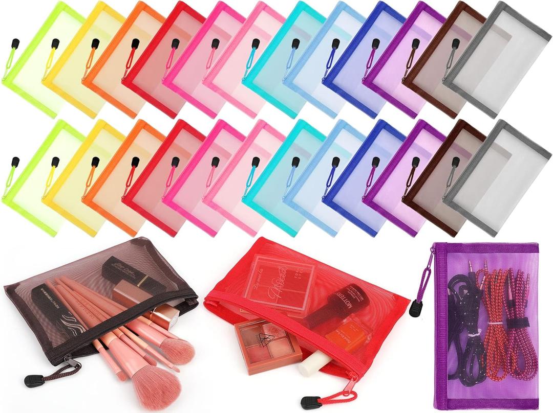 Jexine 24 Pcs Mini Zipper Mesh Bags Lipstick Cosmetic Accessories Organizer Nylon Makeup Zipper Pouch Small Cosmetic Bag for Purse Beauty Mesh Travel Pouch for Women(7.5 x 4.5 Inch,Bright Color)