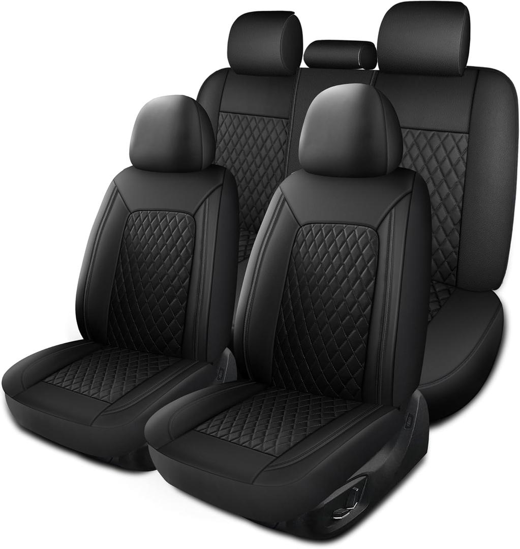 HChengkikz Leather Car Seat Covers, Breathable and Waterproof Seat Cover Full Set, PU Premium Universal Fit Automotive Airbag Compatible for Cars Sedans SUVs Vans and Trucks (Full Seat, Black, N1)