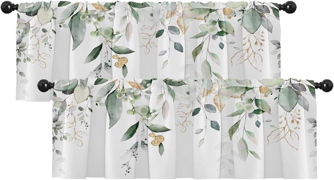 Emvency 2 Pack Valances Window Treatments Green Eucalyptus Leaves Summer Blackout Drapes Adjustable Curtain Valances for Windows Living Room Kitchen Over Sink 12x52 Rod Pocket