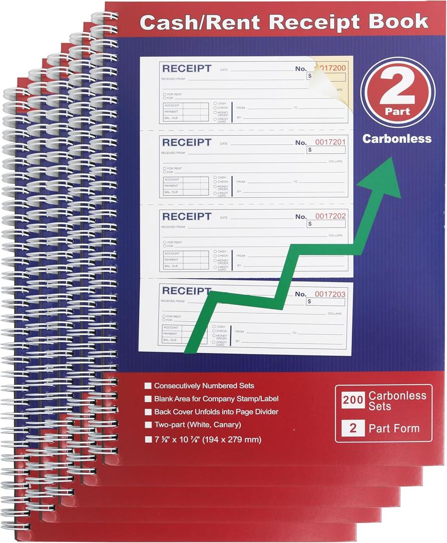 Professional Money and Rent Receipt Book Two Part Carbonless Copy Spiral Bound(5 Packs)