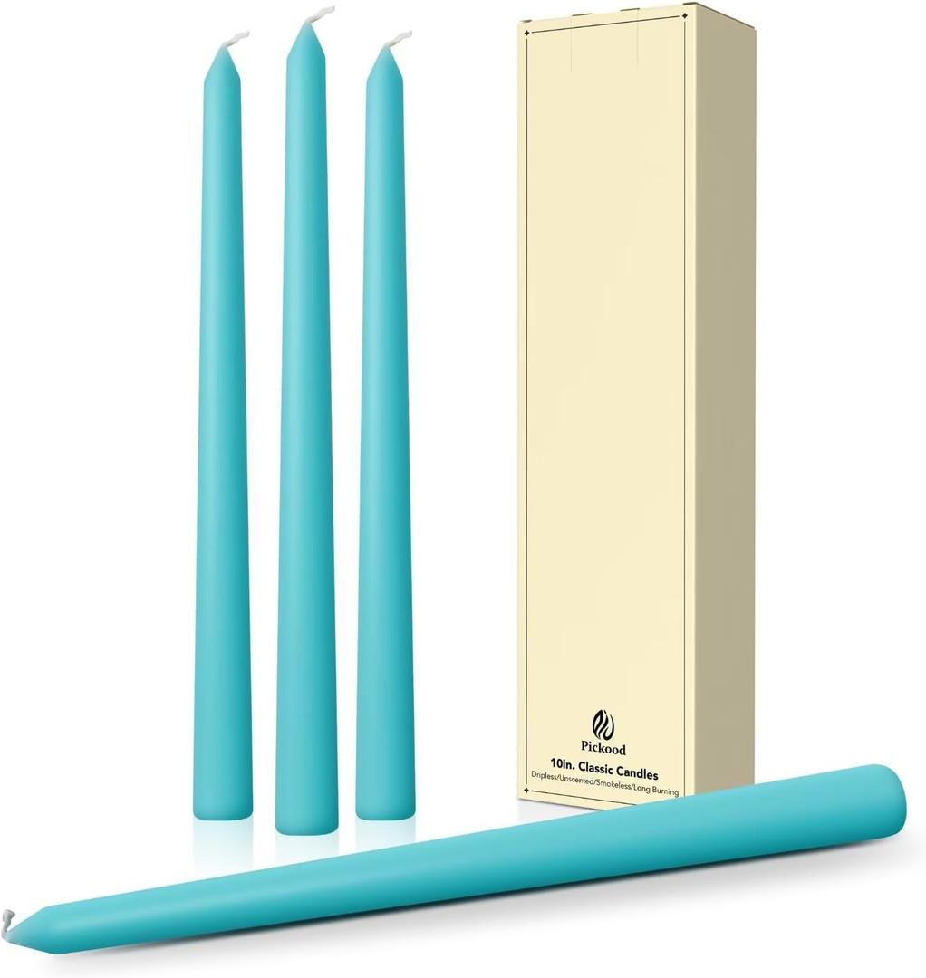 10-Inch Tall Dripless Taper Candles Set of 4 - Turquoise Tapered Candles, Perfect for Spring - Smokeless, Unscented, Long Burning - Hand Poured, Colored Tall Candlesticks - Teal