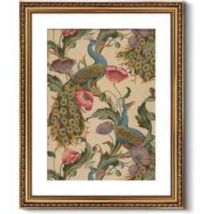 Golden Framed Canvas Wall Art Vintage Peacock, Classic Vine With Poppies Floral Canvas Print Wall Decor, Bird Art Print Wall Hanging 16x20 inch, for Bedroom Bathroom Living Room Decor