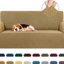 KEKUOU Stretch Loveseat Sofa Cover Slipcover, Couch Covers for 2 Cushion Couch Sofa (55"-78") Furniture Protector Sofa with Elastic Bottom for Kids, Dog. Jacquard Small Checked (Medium, Tan)