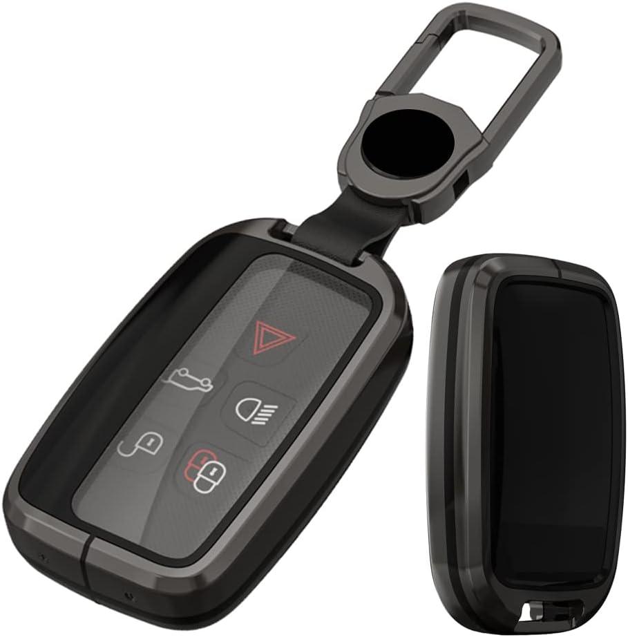 Alloy Metal Key Fob Cover,Compatible with LR Range Rover Evoque Velar Discovery Jaguar XE XF XJ F-Pace F-Type Remote Keyless Entre Key Fob,Armor TPU Key Fob Case Protector with Keychain Black