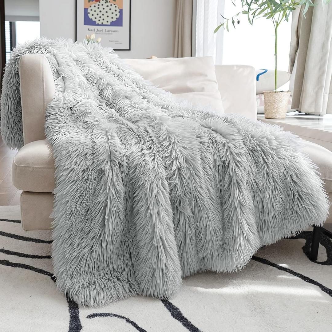 JONIYEAR Decorative 2.8" Long Hair Soft Fuzzy Faux Fur Throw Blanket 50" x 60",Luxury Reversible Fluffy Blankets for Couch Sofa Chair,Lightweight Accent Cozy Plush Thick Warm Shaggy Furry Blanket,Grey