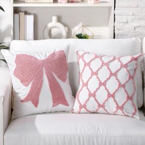 2 Pcs Pink Bow Coquette Pillow Covers Embroidered Pillow Cases 18x18 Set of 2 Pink Bow Decorations Embroidery Cushion Covers for Couch Sofa Bedroom Home Decor (Original)