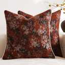 DEZENE Pack of 2 Vintage Floral Throw Pillow Covers 18x18 Boho Farmhouse Accents Chenille Square Decorative Pillow Cases for Living Room Couch Bed Home Decor, Rust