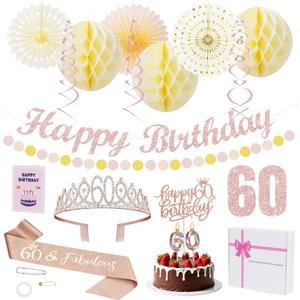 60th Birthday Decorations Set for Women - Queen Crown, Sash, Card, Cake Topper & Candles, Rose Gold Happy Banner with Paper Honeycomb, Poms Fan, Streamers,Gift Kit – 60 & Fabulous Milestone Party