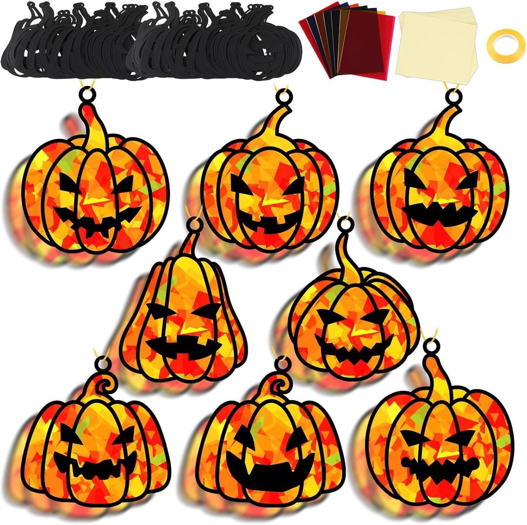 32 Sets Fall Halloween Pumpkin Suncatchers Craft Kit DIY Window Stained Glass Effect Halloween Pumpkin Paper Craft Home School Classroom Decoration Kid Birthday Gift Creative Art Project Activity Game