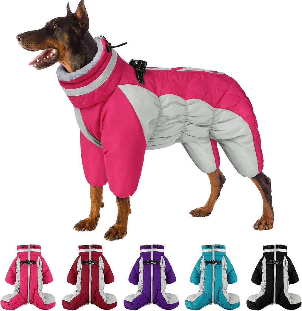 SUNFURA Four Legged Dog Coat - Warm Fleece Winter Coat, Reflective Turtleneck Dog Jacket with Harness, Windproof Full Body Pet Snowsuit Puffer Jackets for Small Medium Large Breeds, Hot Pink S