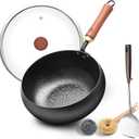 WANGYUANJI 9.5" Carbon Steel Wok - [Heavy-Duty & Thickened Base] - Deep Bowl Stir Fry Pan for Induction, Electric & Gas - Warp-Resistant, Splatter-Free Design with Lid (1-2 Person)