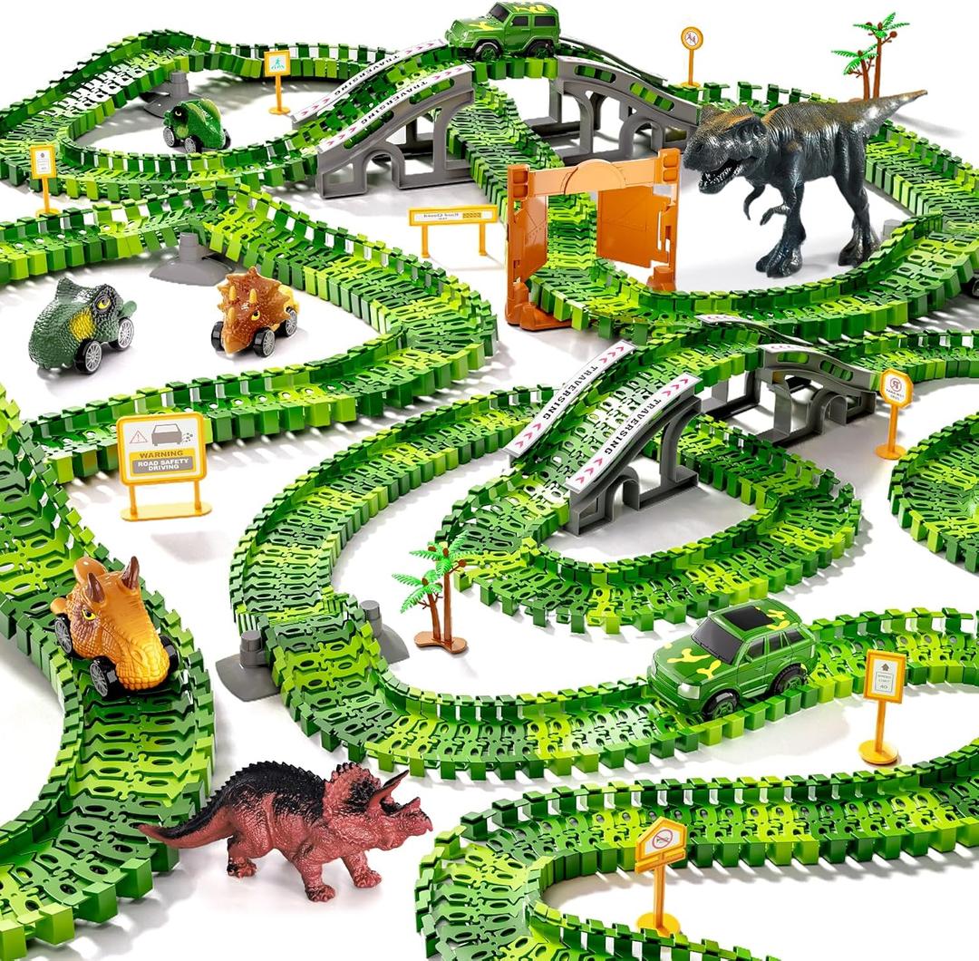 169 Pcs Dinosaur Race Track for Kids 3-5,3 Year Old Boy Gift Jurassic Tracks Toddler Dino Race Set 144 Track 4 Dinosaur Truck 2 Cars 2 Dinosaur,Best Dinosaurs Games for Boys Girls Birthday Party Gifts