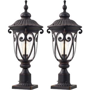 24 Inch Large Post Light Fixture with 3in Pier Mount, 2 Pack Bronze Post Lamp for Yard, Outdoor Pole Lantern with Seeded Glass, Aluminum Outside Lights for Garden Patio Driveway Pathway