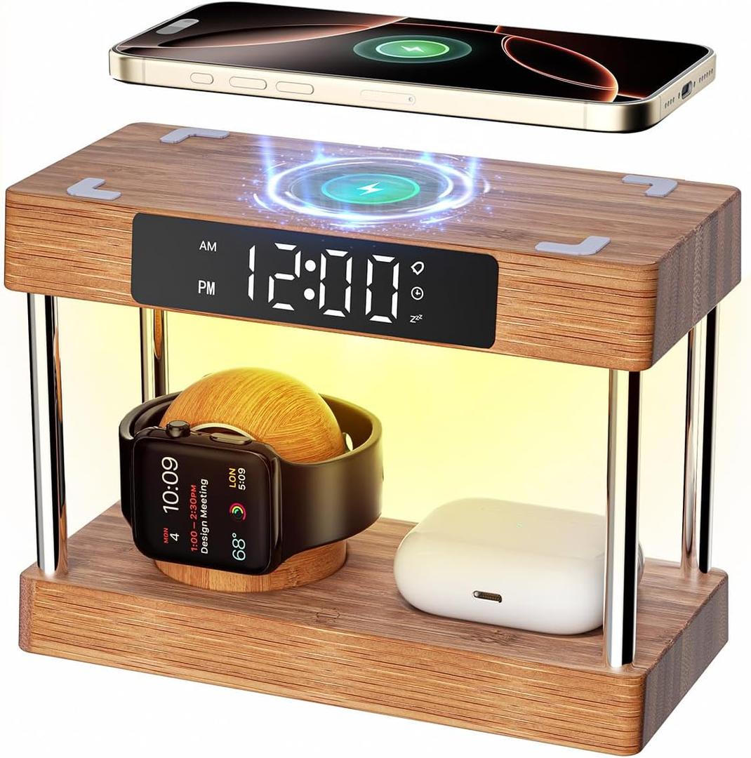 Bamboo Wireless Charging Station with Clock, Gifts for Her Him Bedside Light Alarm Clock with Wireless Charging, Bamboo Charging Station for Multiple Devices iPhones 16-8|AirPod|iWatches (Brown & Alarm LED)