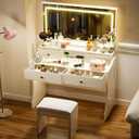COMHOMA Makeup Vanity Desk with Mirror and Lights, Vanity Table and Chair Set with 5 Drawers and Charging Station, Bedroom Dresser LED Mirror Stepless Dimmable & 3 Color Modes Adjustable, White