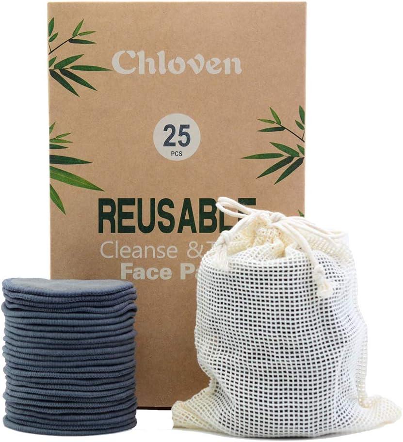 Chloven 25 Pack Charcoal Bamboo Reusable Makeup Remover Pads - Bamboo Reusable Cotton Rounds for Toner, Washable Eco-Friendly Pads for All Skin Types with Cotton Bag for Storage (26 Piece Set, Black)