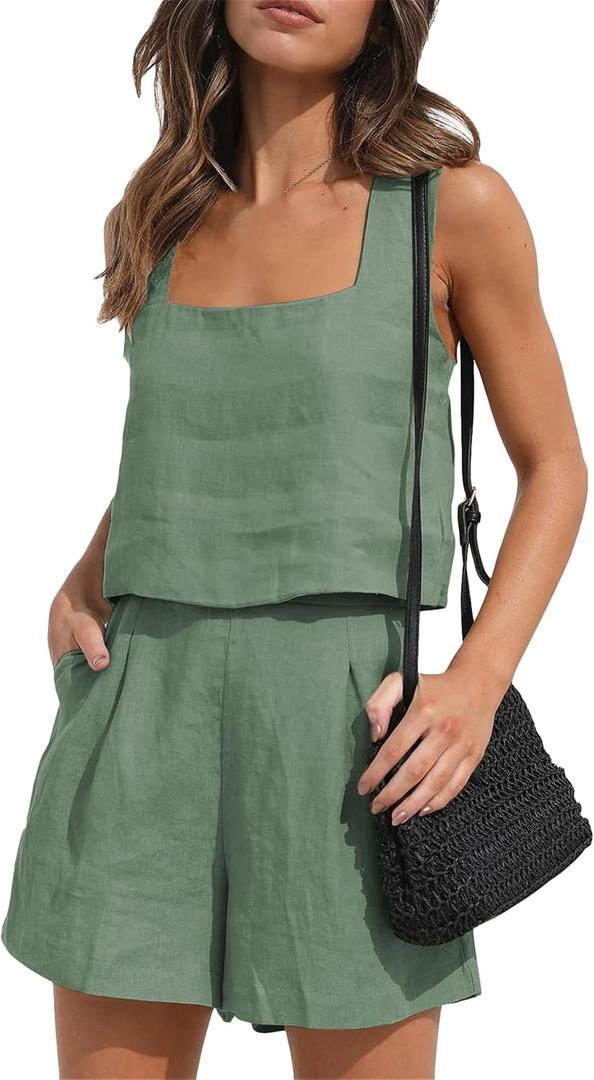 YMING Women's Cotton Linen 2 Piece Sets Summer Solid Color Shorts Set with Pocket Two Piece Travel Lounge Sets Light Green XL