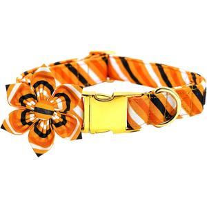 Elegant Little Tail Halloween Dog Collar - Orange Stripe Pet Collar With Flower for Small Dogs - Soft Durable Holiday Accessory (Small (Pack of 1))