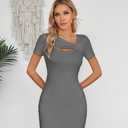 VICHYIE Womens Summer Dresses Cutout One Piece Ribbed Bodycon Mini Short Sleeve Casual Slim Fitted Pencil Dresses (Gray, L)