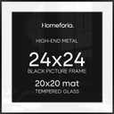Homeforia 24x24 Picture Frame Black, High End Metal 24 x 24 Large Square Poster Frame Matted to 20 x 20 in Photo, 24by24 Thin Black Frames with Mat 20x20 inch Print, Tempered Glass, Wall Kit, Set of 1