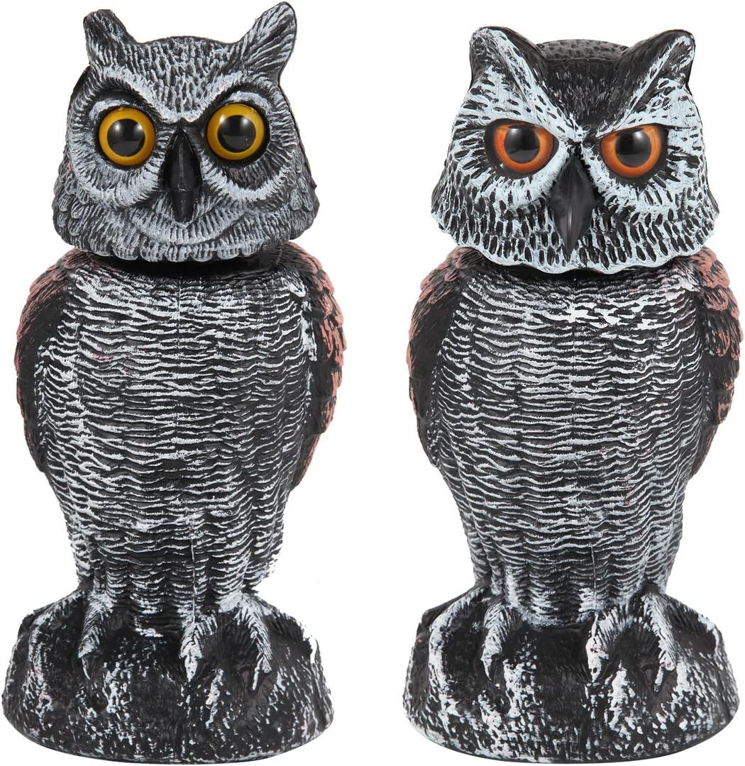 Hedoc Pack of 2 Fake Owl Decoys to Scare Birds Away, Rotating Head Bird Deterrents, Nature Enemy Scarecrow Plastic Statues, Pest Repellent for Gardens and Patios (10+11 Inch)
