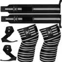 SWOLLHOUSE Knee Wraps + Wrist Wraps + Weight Lifting Straps Bundle (3 Pairs) for Weightlifting Bodybuilding Strength Training Workout Gym, Fitness Protective Set for Men & Women