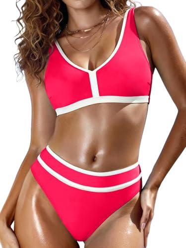 MIKETAI Women's High Waisted Bikini Sets Two Piece Swimsuits Color Block Bathing Suits Sporty Wide Strap Swimwear M