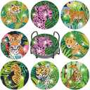 Praise V Do 8Pcs Diamond Painting Art Craft Coasters Dotting Kit with Holder Cork Base for Beginners, Adults DIY Nature Leopoard Flowers