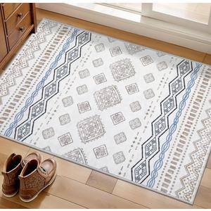 SERISSA 2x3 Rugs for Entryway, Washable Non-Slip Grey Blue Small Area Rug, Soft Low-Pile Boho Geometric Indoor Entry Rug Door Mat Indoor Entrance Front Door Carpet for Bathroom Kitchen Bedroom