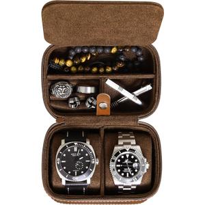 ROTHWELL 2 Watch Travel Case Storage Organizer for 2 Watches | Tough Portable Protection w/Zipper Fits All Wristwatches & Smart Watches Up to 50mm (Tan/Brown - w/ Accessory Lid)