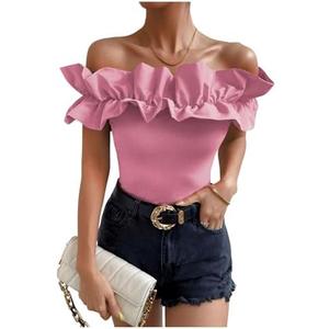 OYOANGLE Women's Ruffle Trim Off Shoulder Short Sleeve Blouse Party Tops Shirt M
