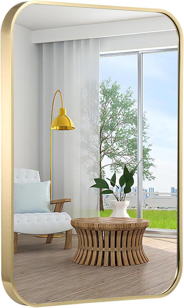 24x32 Inch Bathroom Mirror for Wall, Gold Framed Rectangle with Rounded Corner, Aluminum Alloy Brushed for Bedroom or Living Room, Vertical or Horizontal