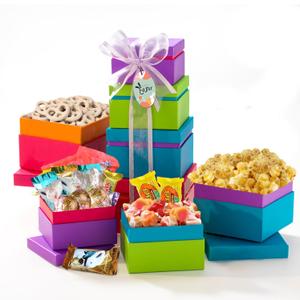 Broadway Basketeers Easter Basket Tower Premade Gift for adults, Kids, Boys, Girls - Includes Gourmet Chocolate, Candy, Easter Eggs a Great Easter Care Package for Family & Friends