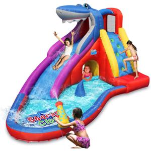 ACTION AIR Inflatable Water Slide, Red Shark Bounce House with Slide for Wet and Dry, Playground Sets for Kids Backyard, Water Spray, Water Pool, Durable Sewn with Extra Thick Material