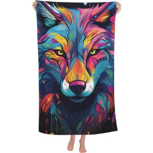 Beach Towel Colorful Wolf Theme Sand-Free Microfiber 52x32 Inches Absorbent Quick Dry Pool Bath Towel for Adults Kids Outdoor Swimming